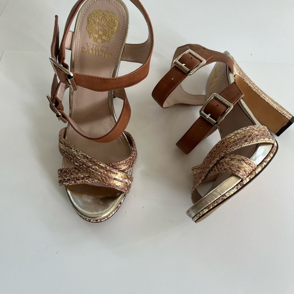 Vince Camuto Brown and Gold Strappy Heels - Picture 1 of 4